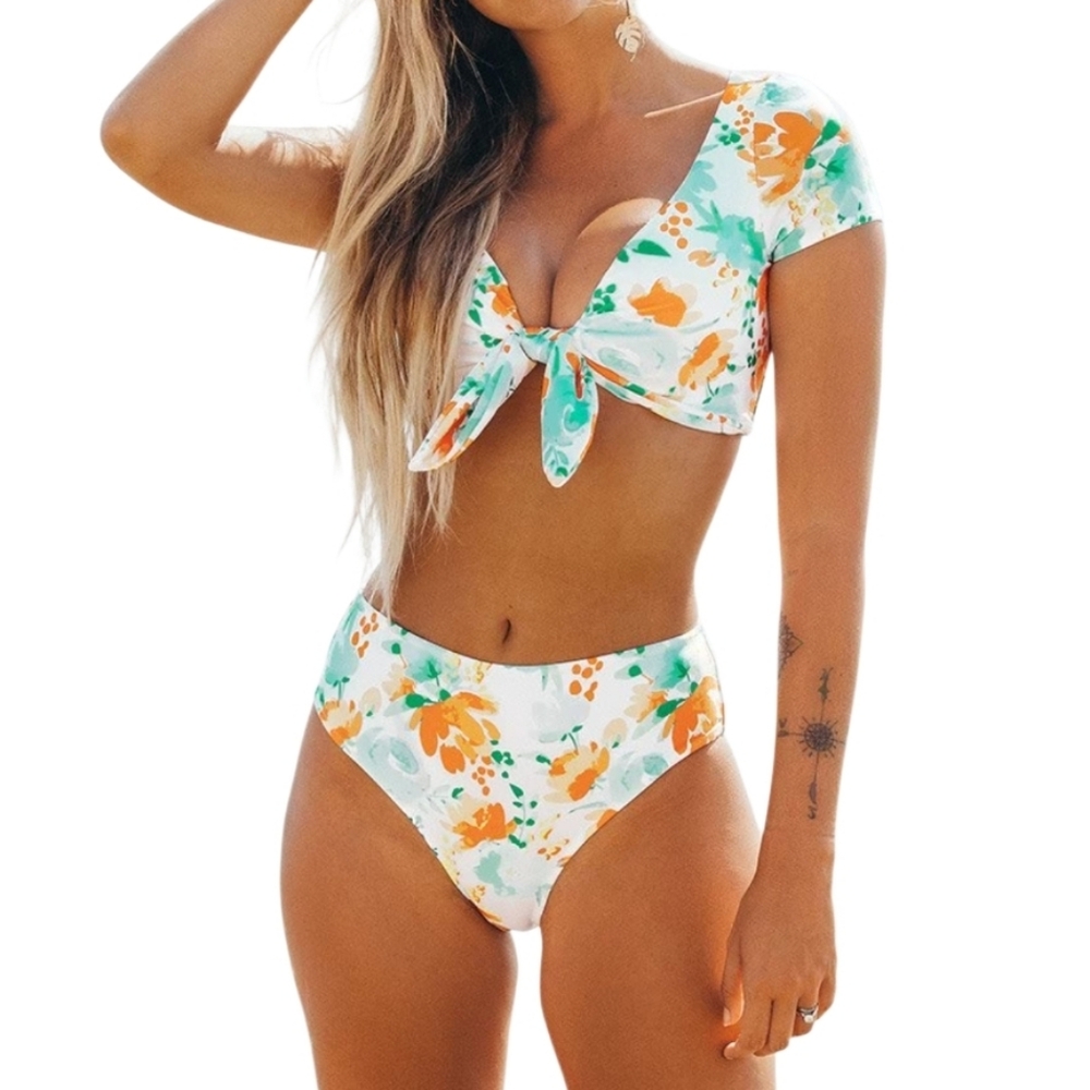 Cupshe Floral Tie knot High-Waiste  Swim Set - Small